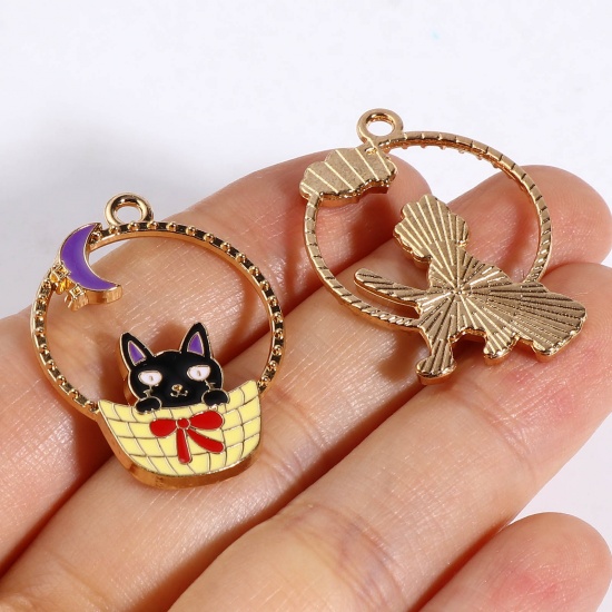 Picture of Zinc Based Alloy Pendants Circle Ring Gold Plated Multicolor Cat Enamel 32mm x 23mm, 10 PCs