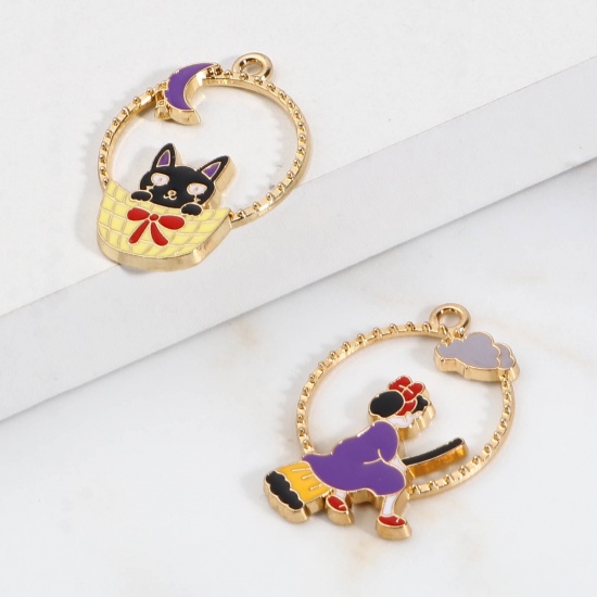 Picture of Zinc Based Alloy Pendants Circle Ring Gold Plated Multicolor Cat Enamel 32mm x 23mm, 10 PCs