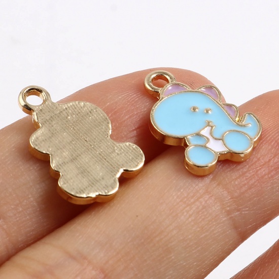 Picture of Zinc Based Alloy Charms Dinosaur Animal Gold Plated Blue Enamel 17mm x 12mm, 10 PCs
