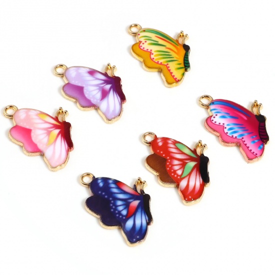 Picture of Zinc Based Alloy Insect Charms Butterfly Animal Gold Plated Multicolor Enamel 10 PCs