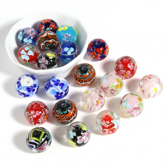 Picture of Lampwork Glass Beads Round Multicolor Flower About 20mm Dia, Hole: Approx 2.1mm, 1 Piece