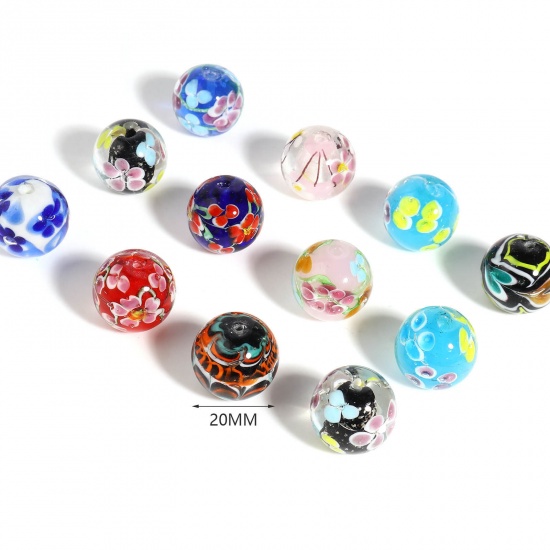 Image de Perles en Verre Rond Multicolore Fleurs 20mm Dia, Trou: 2.1mm, 1 Pièce
