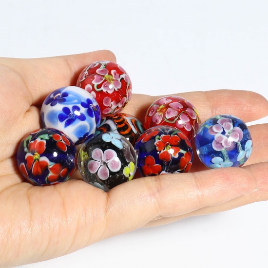 Picture of Lampwork Glass Beads Round Multicolor Flower About 20mm Dia, Hole: Approx 2.1mm, 1 Piece