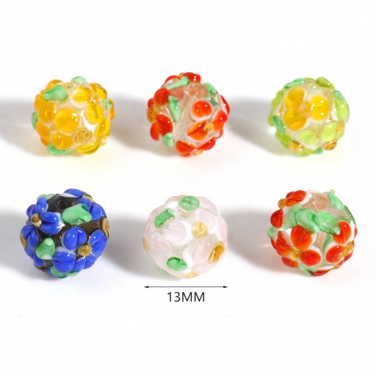 Picture of Lampwork Glass Beads Round Multicolor Flower About 13mm Dia, Hole: Approx 2.1mm, 1 Piece