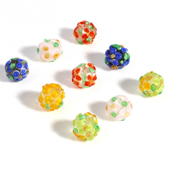 Picture of Lampwork Glass Beads Round Multicolor Flower About 13mm Dia, Hole: Approx 2.1mm, 1 Piece