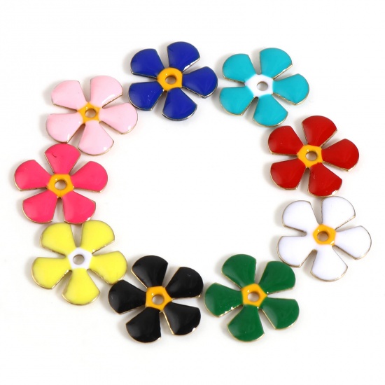 Picture of Brass Enamelled Sequins Spacer Beads Flower Gold Plated Multicolor Enamel About 13mm x 12mm, Hole: Approx 1.5mm, 5 PCs                                                                                                                                        
