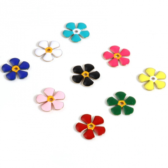 Picture of Brass Enamelled Sequins Spacer Beads Flower Gold Plated Multicolor Enamel About 13mm x 12mm, Hole: Approx 1.5mm, 5 PCs                                                                                                                                        