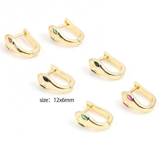 Picture of Copper Hoop Earrings 18K Real Gold Plated U-shaped Snake Multicolor 12mm x 6mm, Post/ Wire Size: (18 gauge), 1 Pair