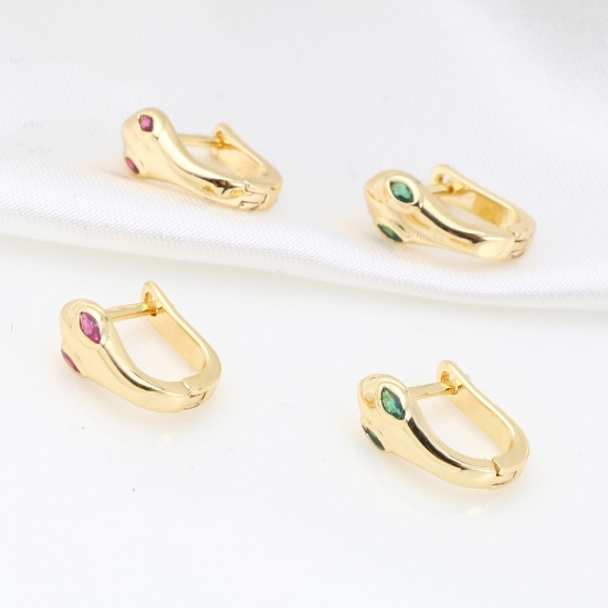 Picture of Copper Hoop Earrings 18K Real Gold Plated U-shaped Snake Multicolor 12mm x 6mm, Post/ Wire Size: (18 gauge), 1 Pair