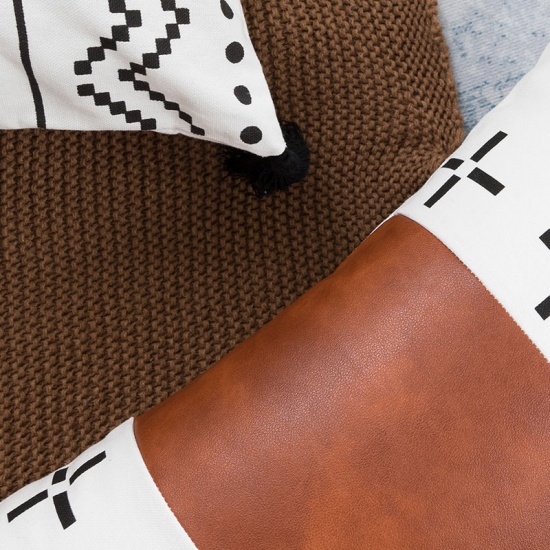 Immagine di Brown - Cotton & PU Splicing Arrowhead Pattern Square Pillowcase Home Textile 45x45cm, 1 Piece