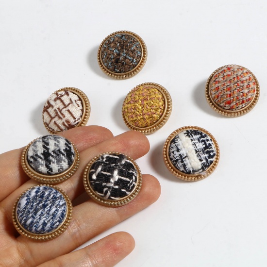 Picture of Zinc Based Alloy & Resin Metal Sewing Shank Buttons Round Matt Gold Multicolor Grid Checker Carved 25mm Dia., 5 PCs