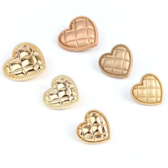 Picture of Zinc Based Alloy Valentine's Day Metal Sewing Shank Buttons Heart Multicolor Grid Checker Carved 10 PCs