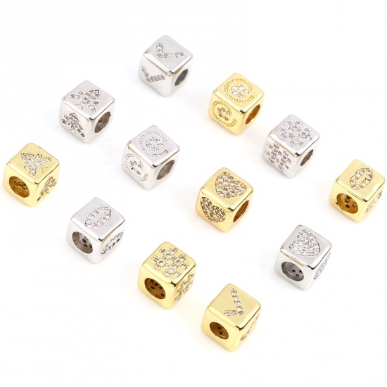 Picture of Brass Micro Pave Beads Square Multicolor Clear Rhinestone About 8mm x 8mm, Hole: Approx 4.5mm, 1 Piece                                                                                                                                                        