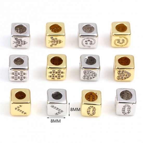 Picture of Brass Micro Pave Beads Square Multicolor Clear Rhinestone About 8mm x 8mm, Hole: Approx 4.5mm, 1 Piece                                                                                                                                                        