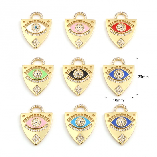Picture of Brass Religious Charms Gold Plated Multicolor Triangle Evil Eye Micro Pave Clear Rhinestone 23mm x 18mm, 1 Piece                                                                                                                                              