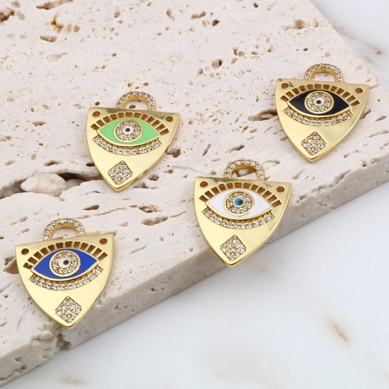 Picture of Brass Religious Charms Gold Plated Multicolor Triangle Evil Eye Micro Pave Clear Rhinestone 23mm x 18mm, 1 Piece                                                                                                                                              