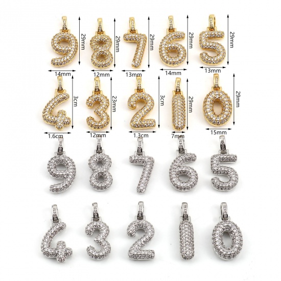 Picture of Brass Micro Pave Charms Multicolor Number Clear Rhinestone 1 Piece                                                                                                                                                                                            