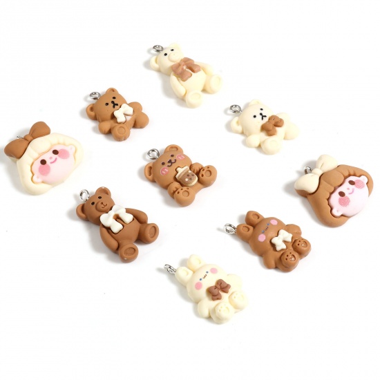 Picture of Resin Charms Bear Animal Girl Silver Tone Multicolor 10 PCs