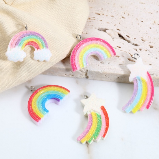 Picture of Resin Weather Collection Charms Rainbow Silver Tone Multicolor Glitter 10 PCs