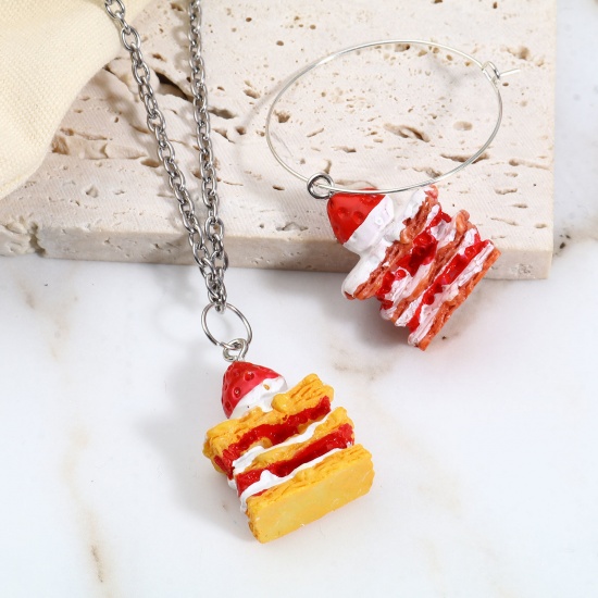 Picture of Resin Pendants Cake Strawberry Silver Tone Red & Yellow 30mm x 20mm - 29mm x 20mm, 5 PCs