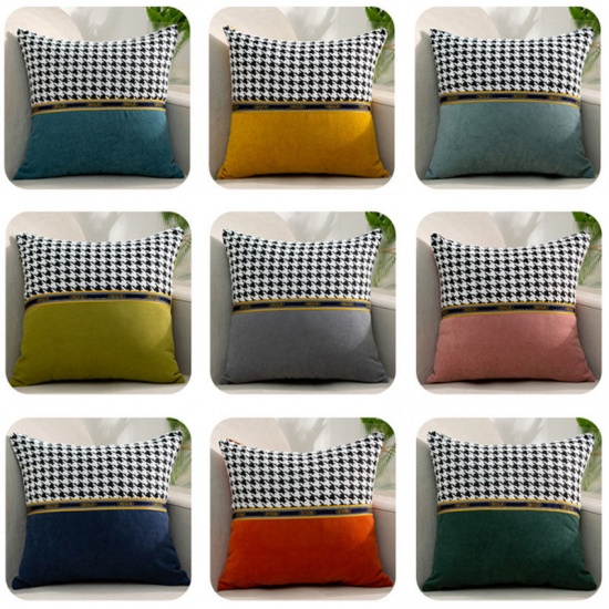 Picture of Green Blue - 55x55cm Splicing Houndstooth Blend Fabric Square Pillowcase Home Textile, 1 Piece