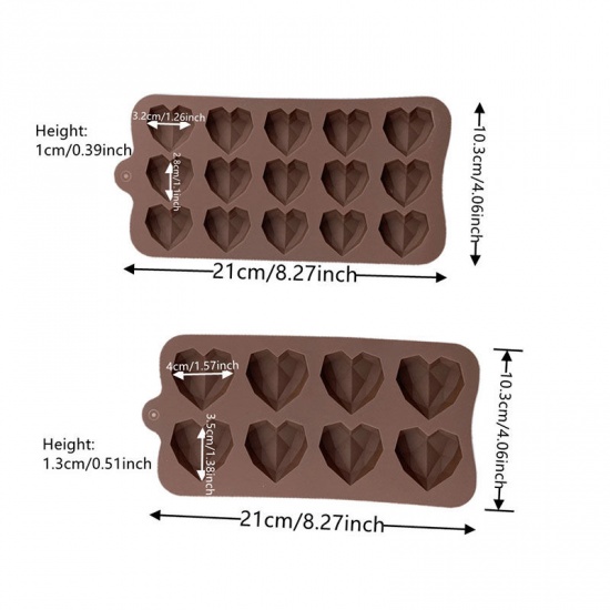 Immagine di Brown - 3D 15 Love Diamond Heart Silicone Chocolate Mold Baking Mold 21x10.3x1cm, 1 Piece