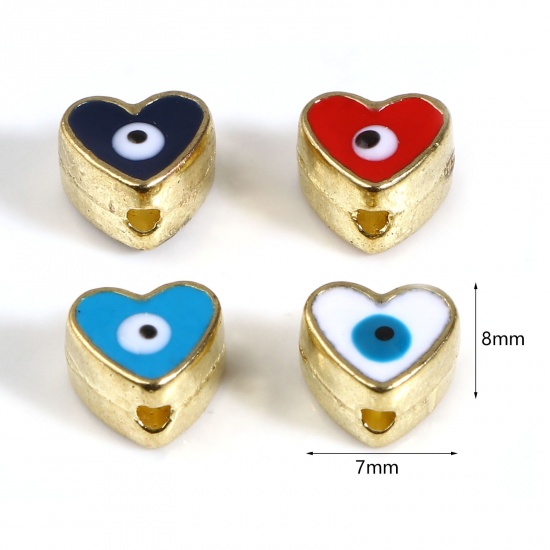 Picture of Zinc Based Alloy Religious Spacer Beads Heart Gold Plated Multicolor Evil Eye Enamel About 8mm x 7mm, Hole: Approx 1.8mm, 10 PCs