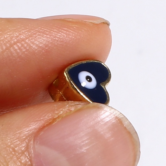 Picture of Zinc Based Alloy Religious Spacer Beads Heart Gold Plated Multicolor Evil Eye Enamel About 8mm x 7mm, Hole: Approx 1.8mm, 10 PCs