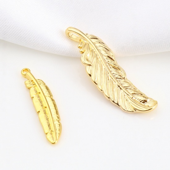 Picture of Copper Pendants Feather 18K Real Gold Plated 35mm x 10mm, 2 PCs