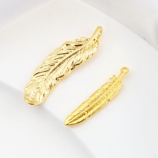 Picture of Copper Pendants Feather 18K Real Gold Plated 35mm x 10mm, 2 PCs