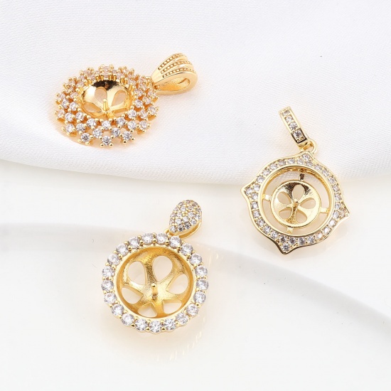 Picture of Brass Micro Pave Pearl Pendant Connector Bail Pin Cap 18K Real Gold Plated Clear Cubic Zirconia 1 Piece                                                                                                                                                       