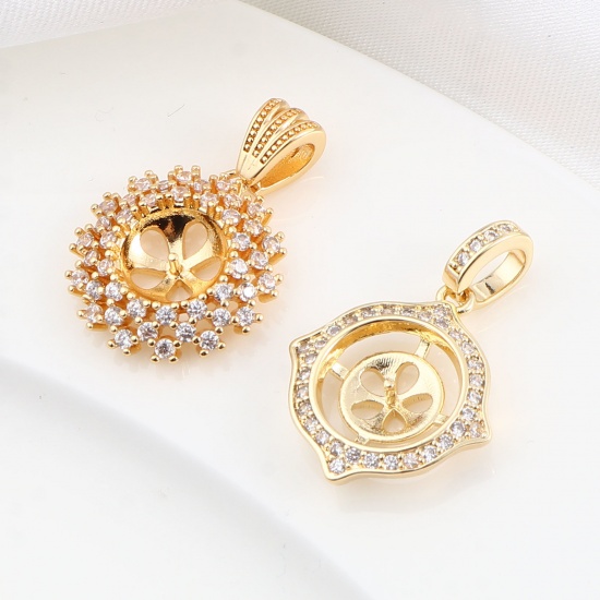 Picture of Brass Micro Pave Pearl Pendant Connector Bail Pin Cap 18K Real Gold Plated Clear Cubic Zirconia 1 Piece                                                                                                                                                       
