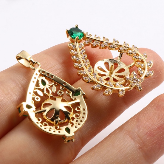 Immagine di Ottone Micro Intarsio Connettore Ciondolo Perla Bail Pin Cap 18K Oro riempito Trasparente Strass Verde Cubic Zirconiae 1 Pz                                                                                                                                   