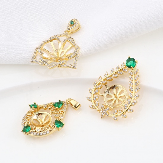 Immagine di Ottone Micro Intarsio Connettore Ciondolo Perla Bail Pin Cap 18K Oro riempito Trasparente Strass Verde Cubic Zirconiae 1 Pz                                                                                                                                   