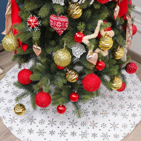 Image de Argent - 122 cm de diamètre. Jupe de sapin de Noël en velours imprimé flocon de neige exquis Décoration de la maison, 1 pièce