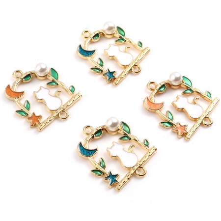 Zinc Based Alloy Connectors Arched Gold Plated Green & Orange Cat Enamel Imitation Pearl 27mm x 23mm, 10 PCs