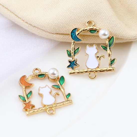 Picture of Zinc Based Alloy Connectors Arched Gold Plated Green & Orange Cat Enamel Imitation Pearl 27mm x 23mm, 10 PCs