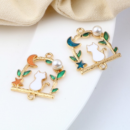 Picture of Zinc Based Alloy Connectors Arched Gold Plated Green & Orange Cat Enamel Imitation Pearl 27mm x 23mm, 10 PCs