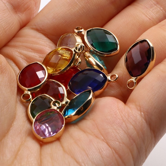 Immagine di Ottone + Vetro Pietre Nascita Charms Olive Oro Placcato Multicolore 16mm x 10mm, 5 Pz
