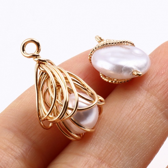 Picture of Brass & Acrylic Wire Wrapped Charms Gold Plated White Imitation Pearl 2 PCs                                                                                                                                                                                   