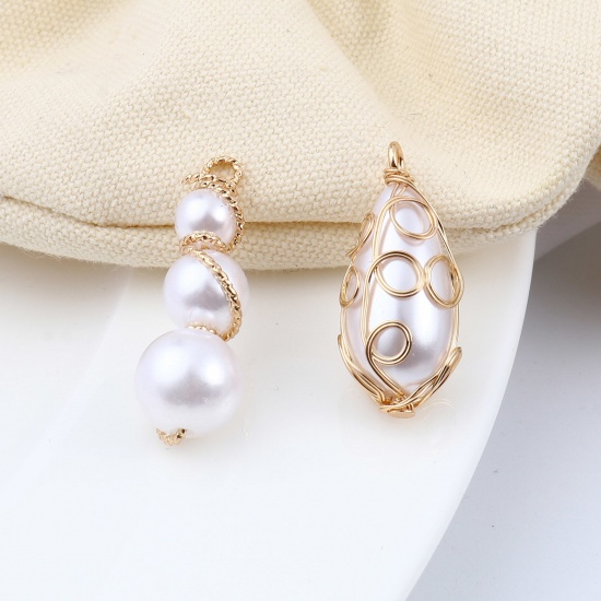 Picture of Brass & Acrylic Wire Wrapped Charms Gold Plated White Imitation Pearl 2 PCs                                                                                                                                                                                   