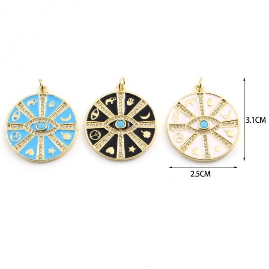 Imagen de Latón Religión Colgantes Chapado en Oro Multicolor Ronda Símbolo Mano Hamsa Micro Pave 1 Unidad