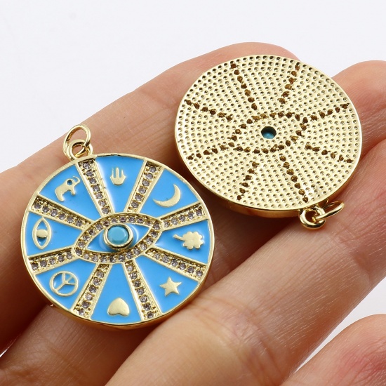 Imagen de Latón Religión Colgantes Chapado en Oro Multicolor Ronda Símbolo Mano Hamsa Micro Pave 1 Unidad