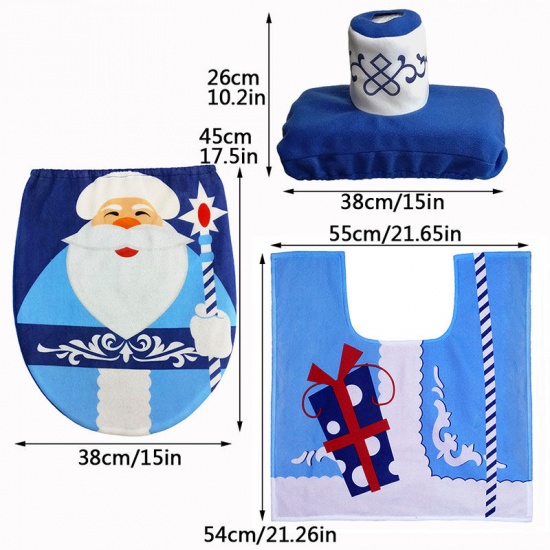 Immagine di Blue - Velvet Christmas Santa Claus Non-Slip Bathroom Carpet Mat Toilet Lid Cover Water Tank Cover 3PCs Set, 1 Set