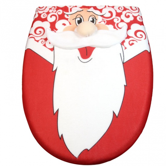Immagine di Blue - Velvet Christmas Santa Claus Non-Slip Bathroom Carpet Mat Toilet Lid Cover Water Tank Cover 3PCs Set, 1 Set