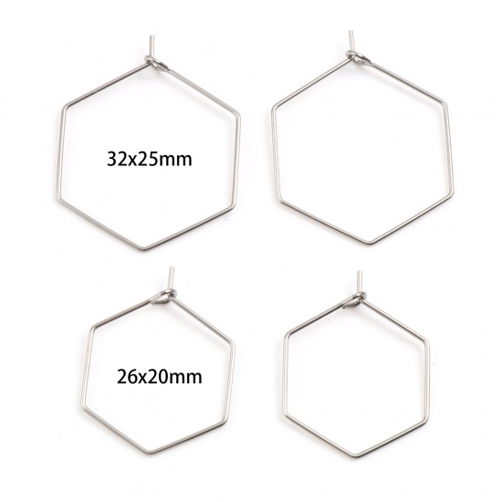 Picture of Stainless Steel Hoop Earrings Hexagon Silver Tone Post/ Wire Size: (21 gauge), 20 PCs