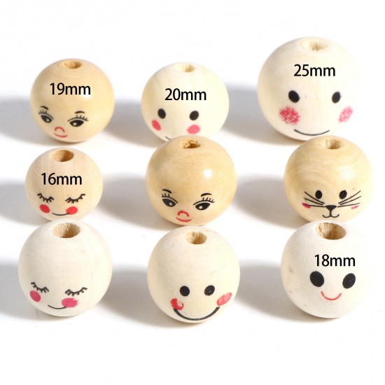 Picture of Wood Spacer Beads Round Beige Smile 20 PCs