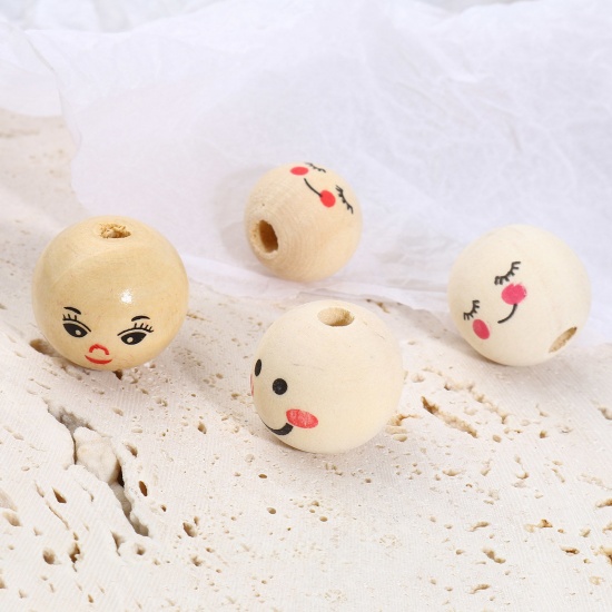 Picture of Wood Spacer Beads Round Beige Smile 20 PCs