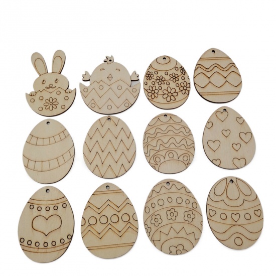 Picture of Wood Easter Day DIY Handmade Craft Materials Hanging Accessories Natural Egg Rabbit 7.4cm x 5.8cm, 1 Packet ( 10PCs/Packet)
