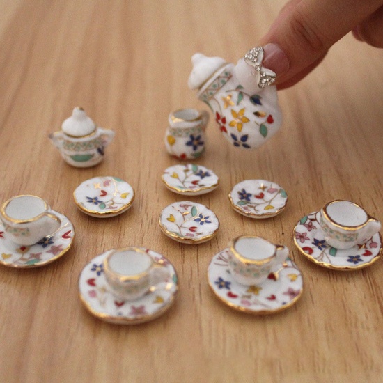 Immagine di Multicolor - 5# Simulation 17PCs Tea Set Ceramic Micro Landscape Miniature Decoration Dollhouse Scene Model, 1 Set